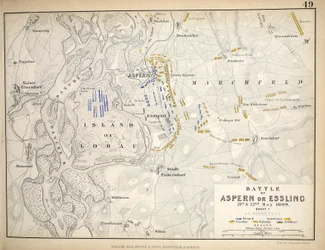 Kaart van de Slag bij Aspern of Essling, uitgegeven door William Blackwood and Sons, Edinburgh en Londen, 1848